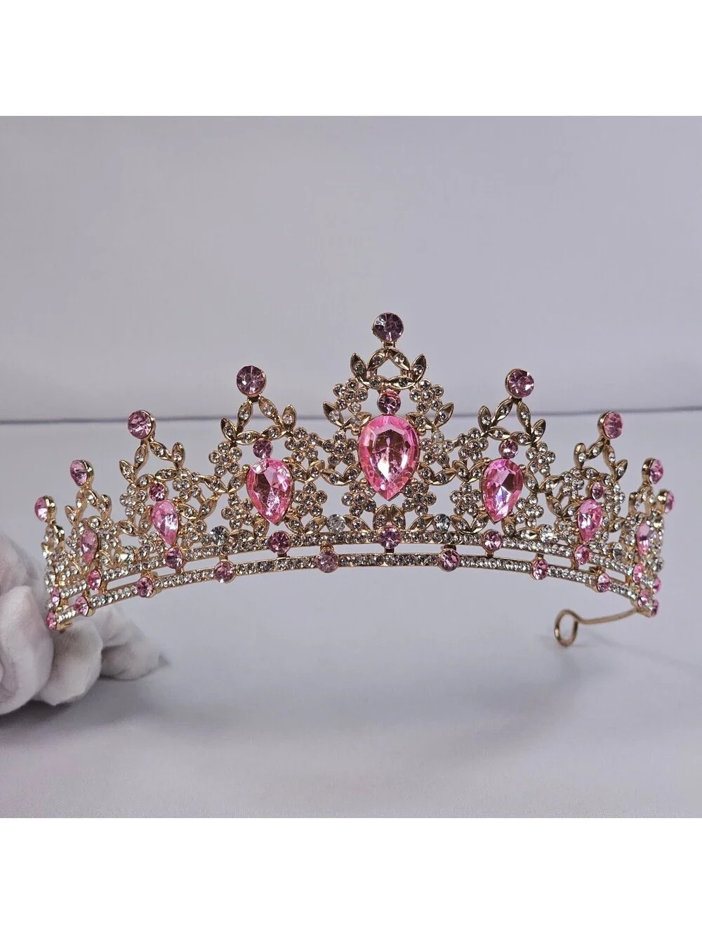 Pink Crystal Gold Tiara Rhinestone Princess Crown Pageant Wedding Headpiece EUC